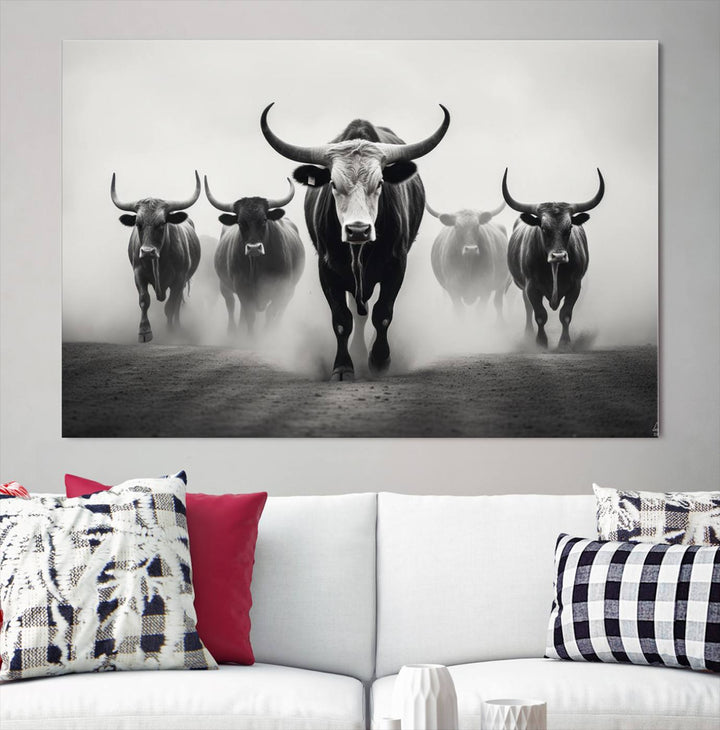 The Texas Longhorn Cow Animal Wall Art Canvas Print beautifully embellishes the area with its depiction of longhorn cattle in a misty setting, seamlessly integrating Western decor into the space.