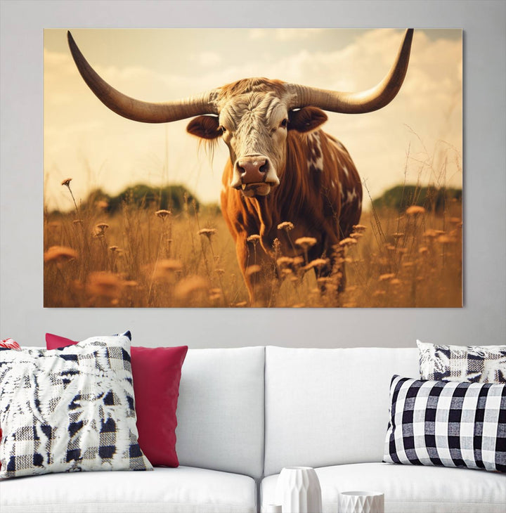 Cow Bighorn Wall Art Canvas Print, Longhorn Texas Cow Animal Canvas Print