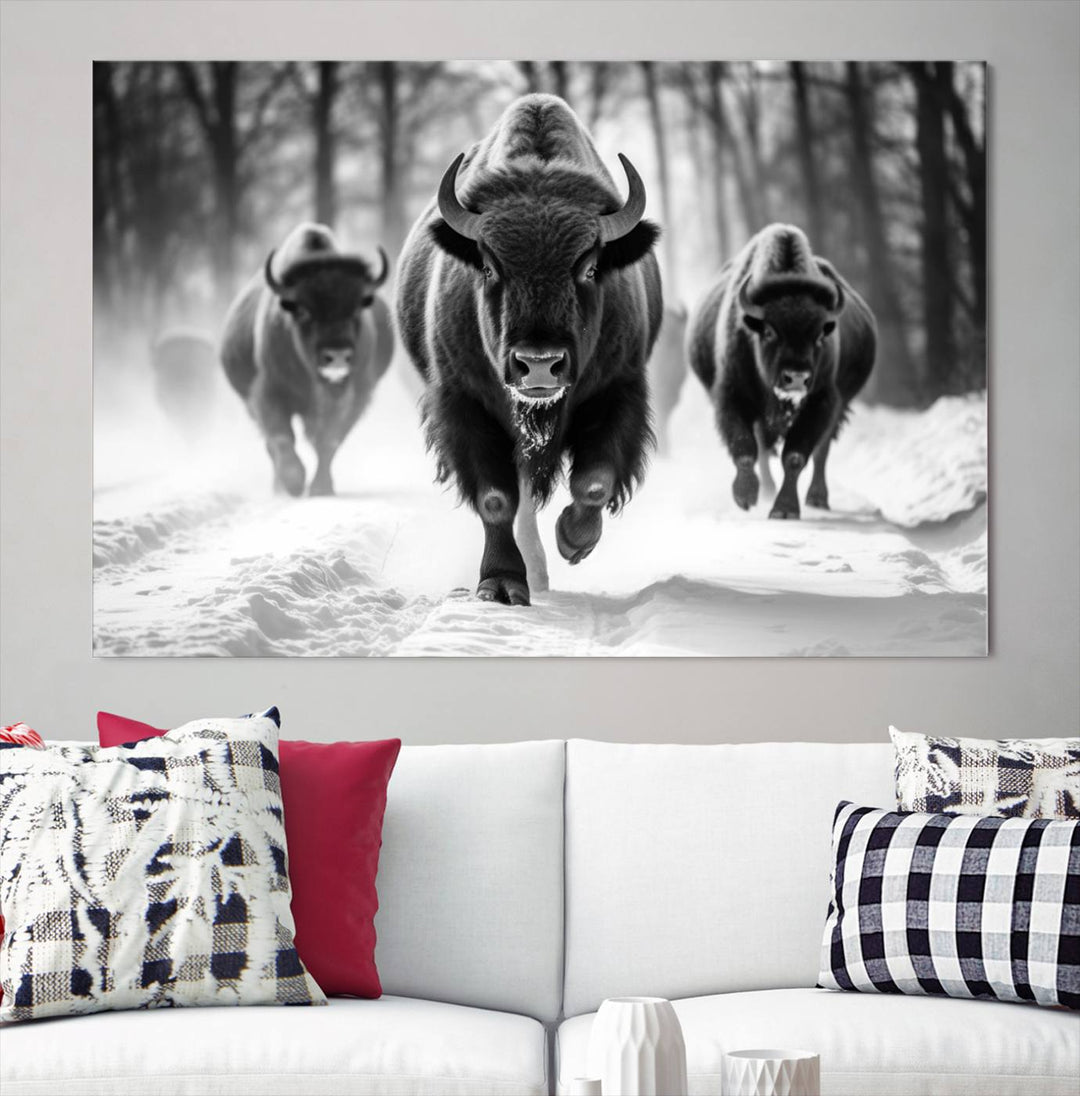 Transform your living room with the Buffalo Wall Art Canvas Print triptych, showcasing a bison family in motion across a snowy landscape. This striking Western decor piece becomes the focal point of any room.