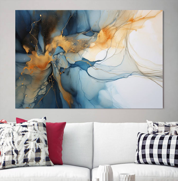 Art mural abstrait bleu marine orange, impression abstraite, impression sur toile abstraite