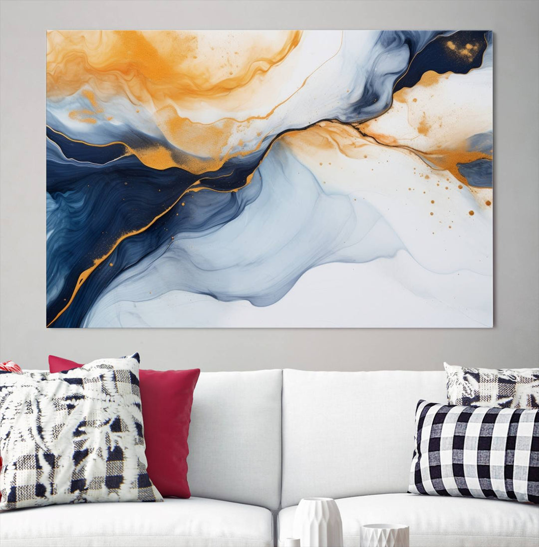 Modern living room featuring the 'Extra Large Orange Navy Blue Abstract Wall Art Canvas Print.'