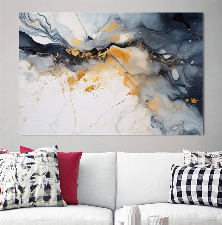 The Dark Blue and Orange Abstract Wall Art, featuring museum-quality canvas with captivating dark and golden swirls, is ready to hang and boasts a UV-protective coating to ensure enduring vibrancy and sophistication.