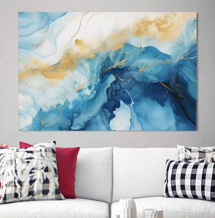 Blue and Gold Abstract Canvas Wall Art Print – Contemporary Fluid Design with Luxe Marble Effect – Ready to Hang