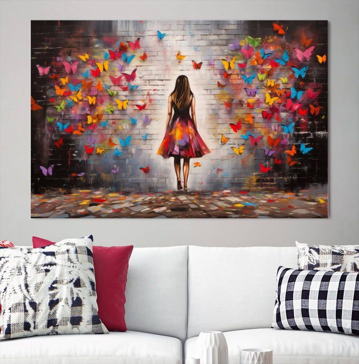 A vibrant artwork titled "Graffiti Wall Art Canvas Print Girl Butterfly Graffiti Abstract Canvas Print" is displayed above the couch. This gallery-wrapped masterpiece, printed on museum-quality canvas, features a UV-protective coating to preserve its vivid beauty.