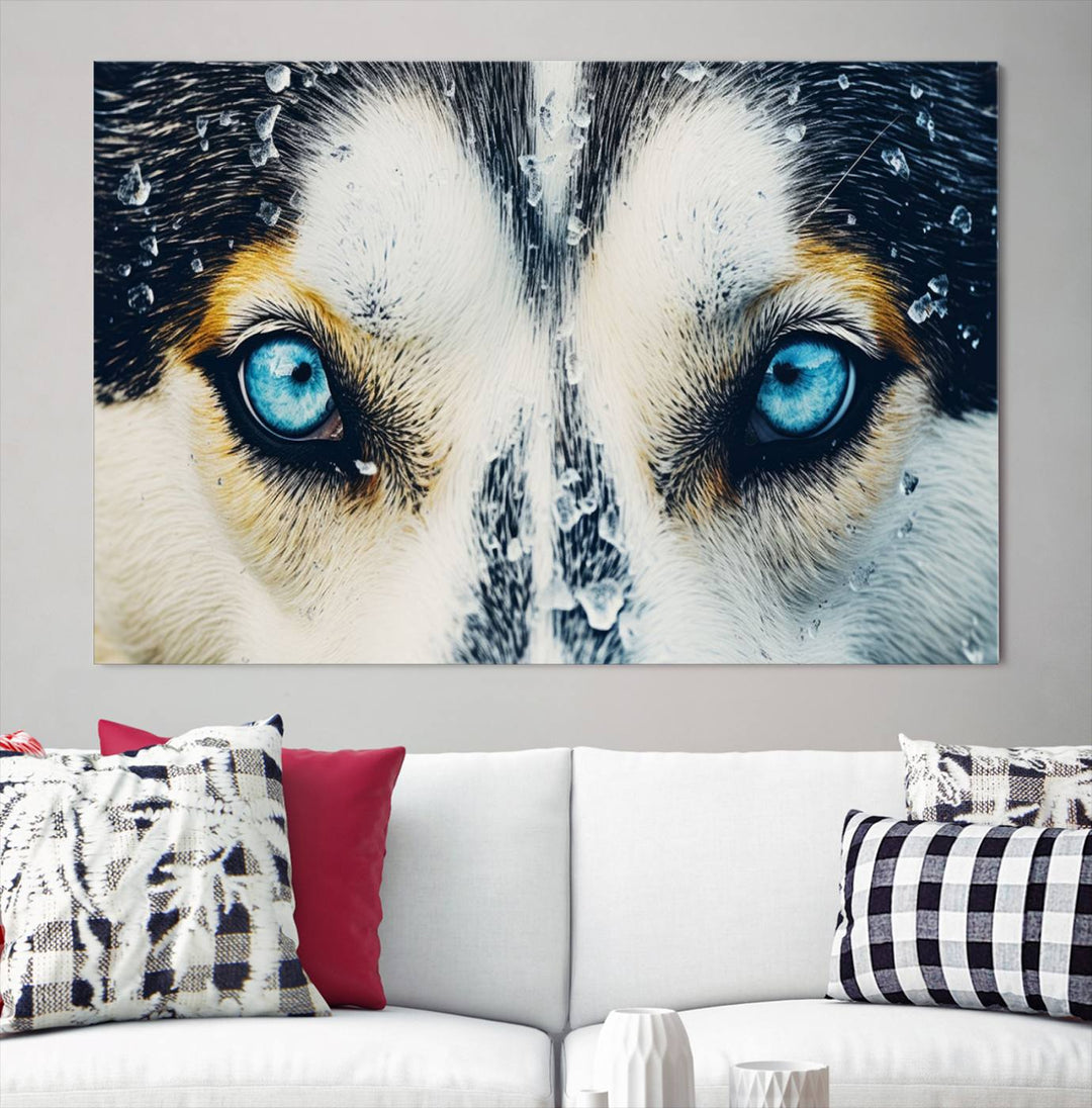 The captivating "Winter Siberian Husky Wolf EYE Wall Art Canvas Print" showcases the striking blue eyes of the animal portrait.