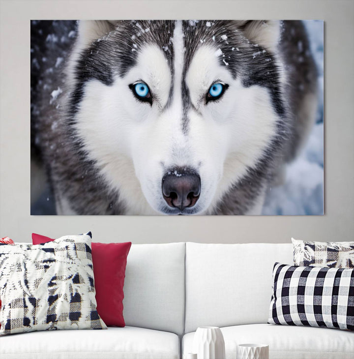 A large framed Winter Siberian Husky Wolf Wall Art Canvas Print, an exquisite piece of animal portrait decor, hangs prominently on the wall.