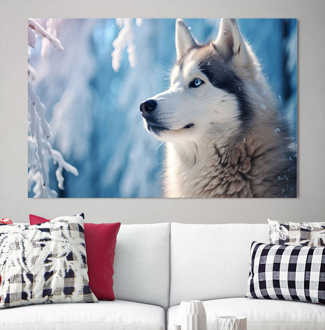 A captivating Winter Siberian Husky Wolf Wall Art Canvas Print hangs prominently.