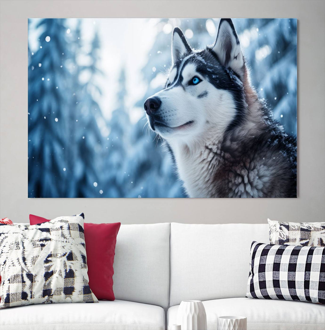 The "Winter Siberian Husky Wolf Wall Art Canvas Print" is elegantly displayed, enhancing the room's cozy ambiance in a snowy forest setting.