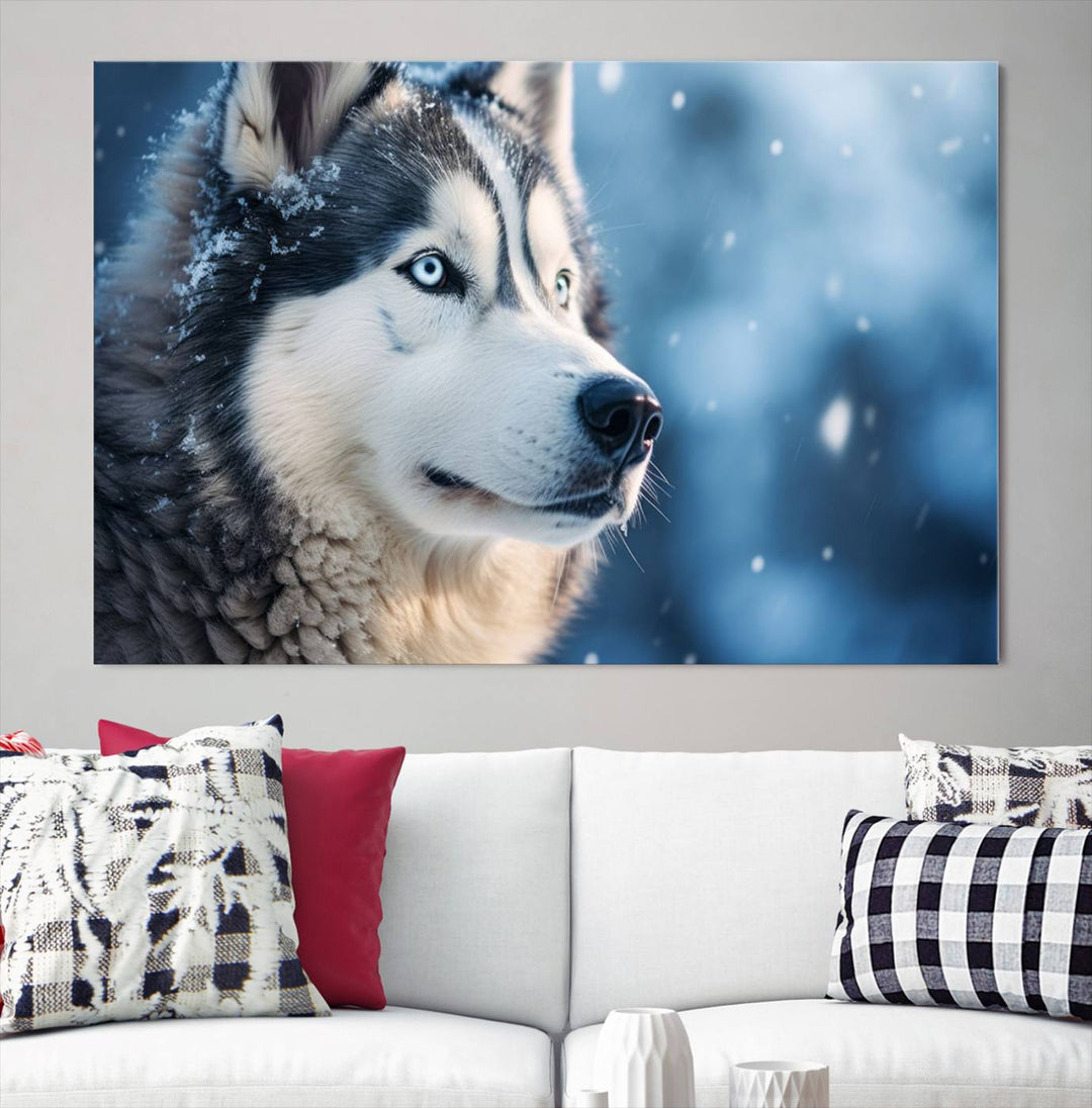 The space above the sofa features the Winter Siberian Husky Wolf Wall Art Canvas Print, creating a stunning snowy scene.