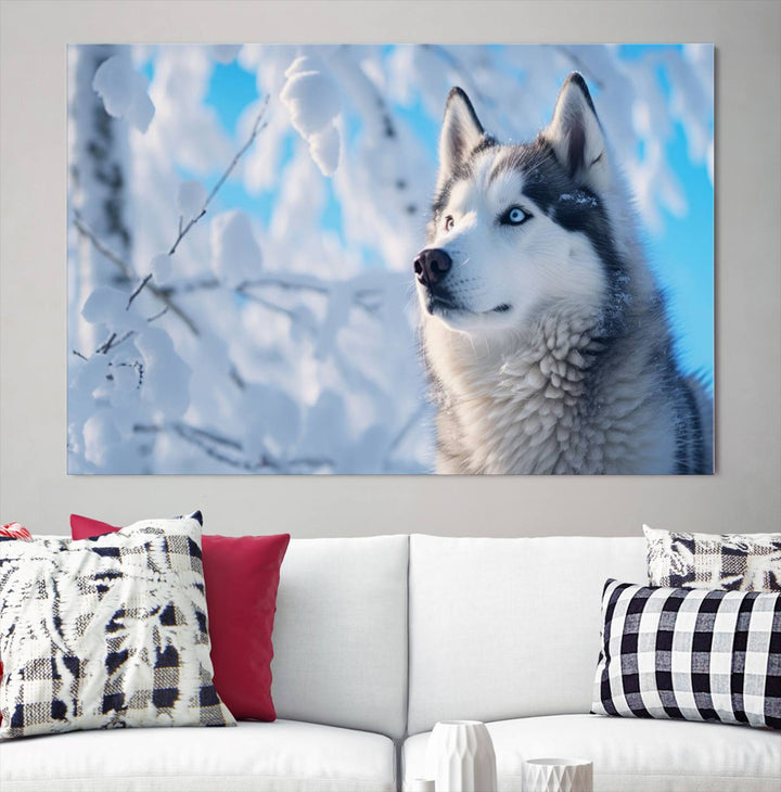 The Siberian Husky Art Canvas elegantly enhances the room.