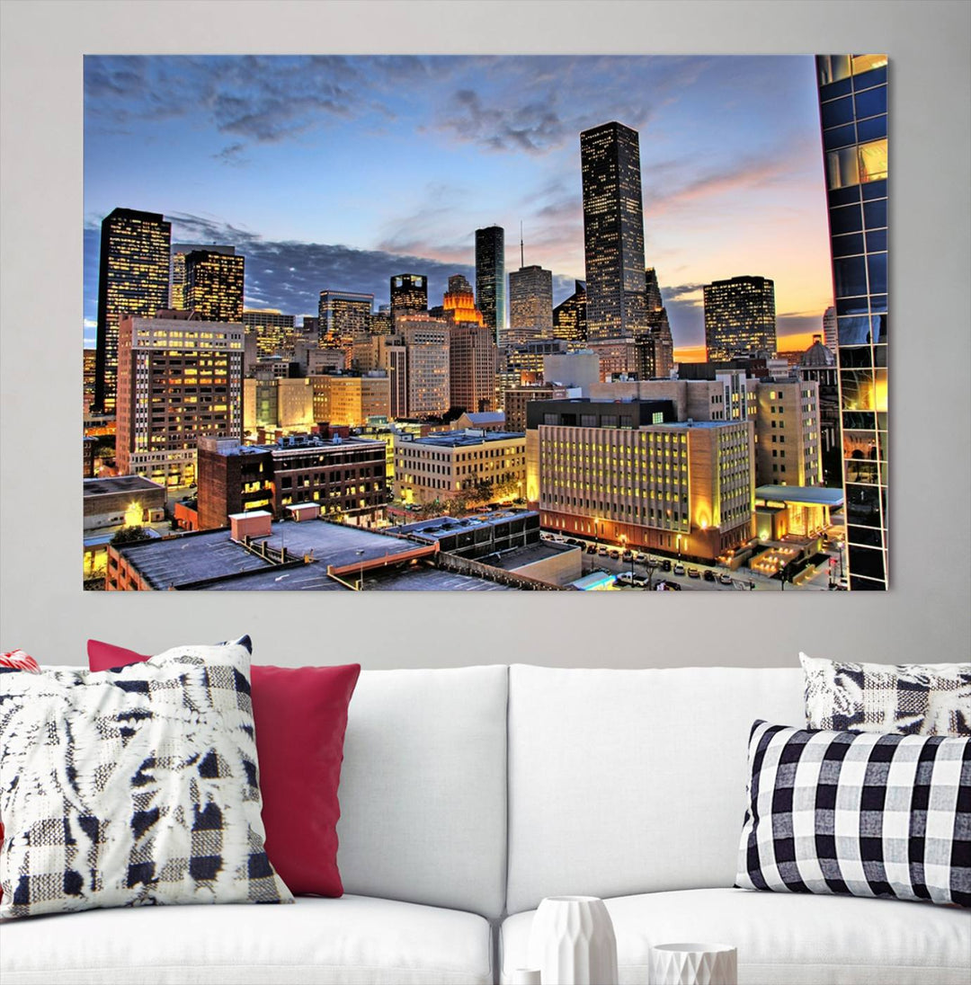 The modern living room features the Houston Wall Art Canvas Print on the wall. This professional craftsman framed masterpiece depicts a cityscape and is created with museum-quality polycotton canvas, ensuring a polished look that enhances its elegant charm.