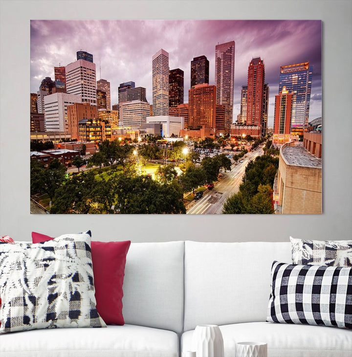 The Houston Wall Art Canvas Print in the living room displays a vibrant city skyline at twilight on museum-quality canvas with UV-protective coating.