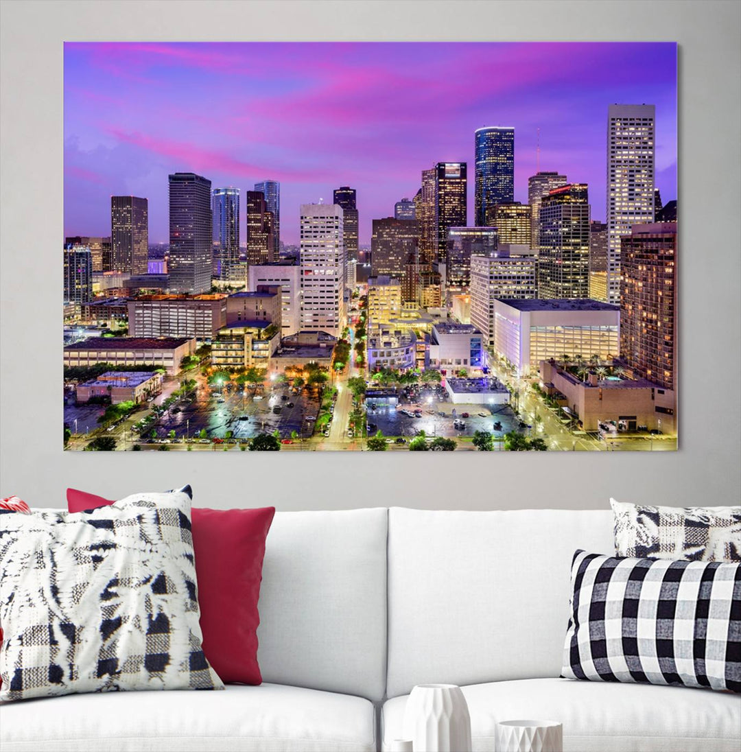 Houston Wall Art Canvas Print showcasing a vibrant cityscape at dusk on museum-quality canvas, expertly crafted by professional craftsmen.