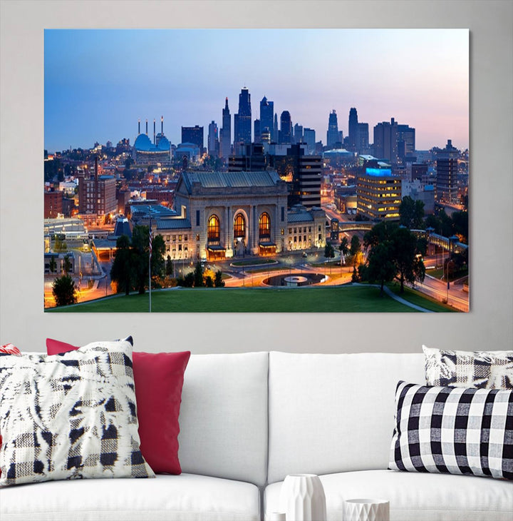 The Kansas City Skyline Canvas Wall Art Print hangs above, showcasing an iconic dusk cityscape with a historic building in the foreground, exuding urban sophistication.