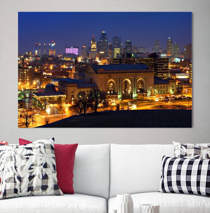 The Kansas City Night Canvas Print Wall Art creates a scene as captivating as museum-quality art, showcasing a city skyline at night with illuminated buildings.