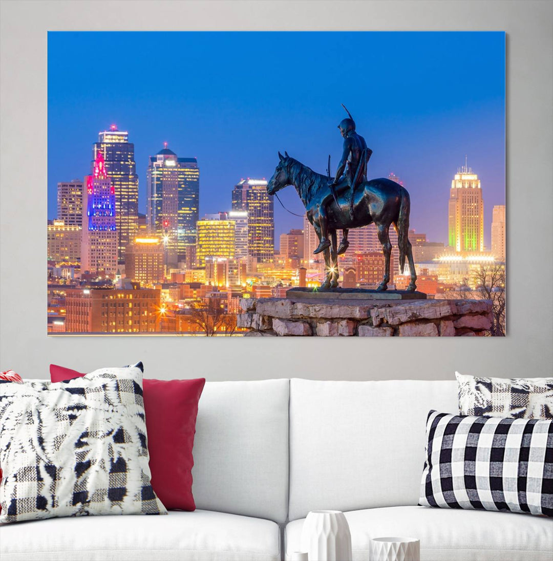 A large Kansas City Night Canvas Print Wall Art adorns the wall, gallery wrapped and finished with a UV-protective coating for lasting vibrancy.