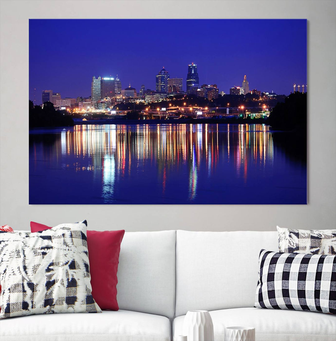 The Kansas City Night Canvas Print Wall Art captures the shimmering city skyline on the calm water, where every detail resembles a museum-quality polycotton masterpiece.