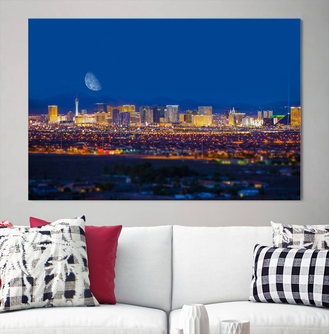 The Las Vegas Wall Art Canvas Print, depicting a city skyline at night, enhances a modern living room with its museum-quality canvas. This triptych comes ready to hang and boasts a UV-protective coating for lasting brilliance.