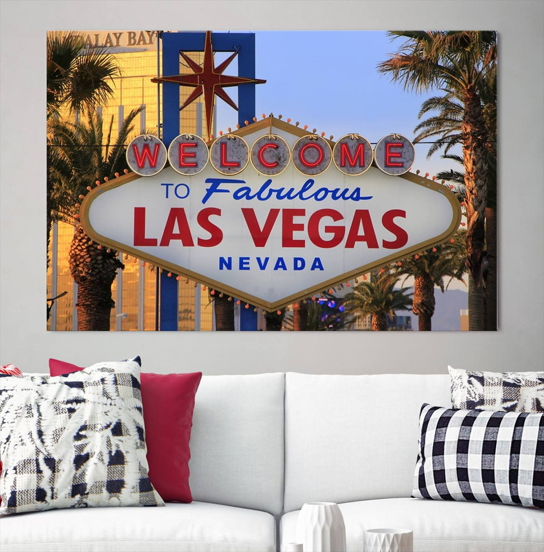 A Las Vegas Wall Art Canvas Print hangs on the wall, showcasing the iconic Welcome to Fabulous Las Vegas, Nevada sign. The museum-quality canvas guarantees vibrant colors with its UV-protective coating and is available with free shipping for added convenience.