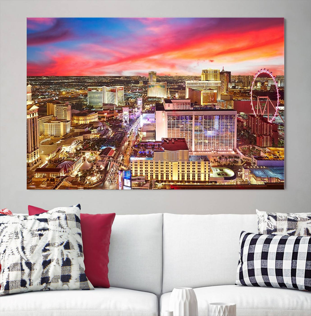 Las Vegas Wall Art Canvas Print depicting a vibrant cityscape at dusk on museum-quality canvas with a UV-protective coating, showcasing a skyline with colorful clouds.