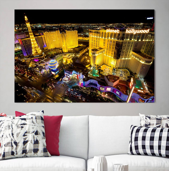 The modern living room features a Las Vegas Wall Art Canvas Print, a museum-quality triptych showcasing a vibrant cityscape with neon lights.