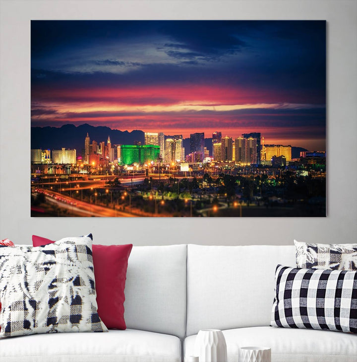 The living room is adorned with the Las Vegas Wall Art Canvas Print, a triptych showcasing a cityscape at sunset. This piece is crafted on museum-quality canvas and protected by a UV-coated finish, highlighting the craftsmanship of a skilled professional.