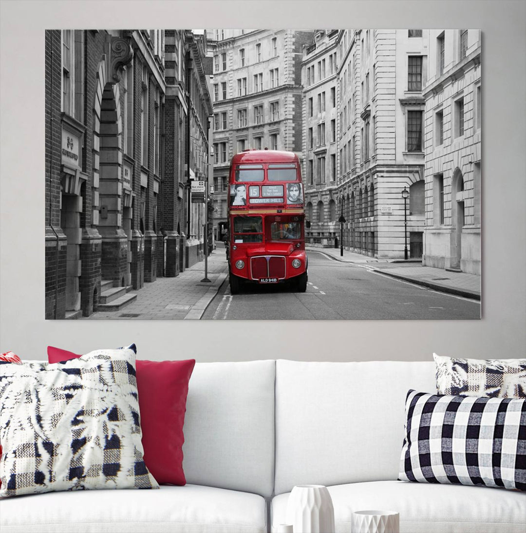 The living room features museum-quality London Red Bus Wall Art, showcasing a split canvas print of a red bus on a black and white city street. This artwork is ready to hang and includes a UV-protective coating to ensure long-lasting vibrance.