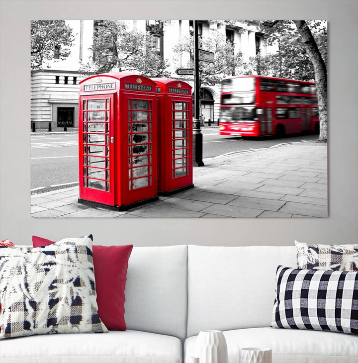 The London Red Bus and Phone Club Wall Art, a vivid night canvas print featuring iconic red buses and phone booths, is elegantly showcased on gallery-wrapped, museum-quality material. With its UV-protective coating, this captivating piece infuses your space with the charm of London.