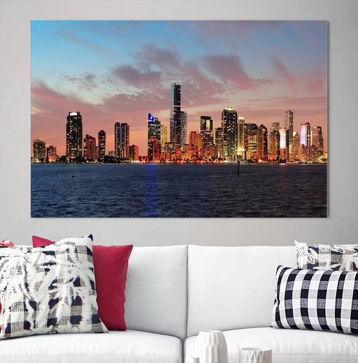 The Wall Art MIAMI Canvas Print emphasizes a vibrant cityscape at sunset. This artwork is presented on museum-quality canvas with gallery-wrapped edges, ensuring it stands out while maintaining its pristine condition for years to come.