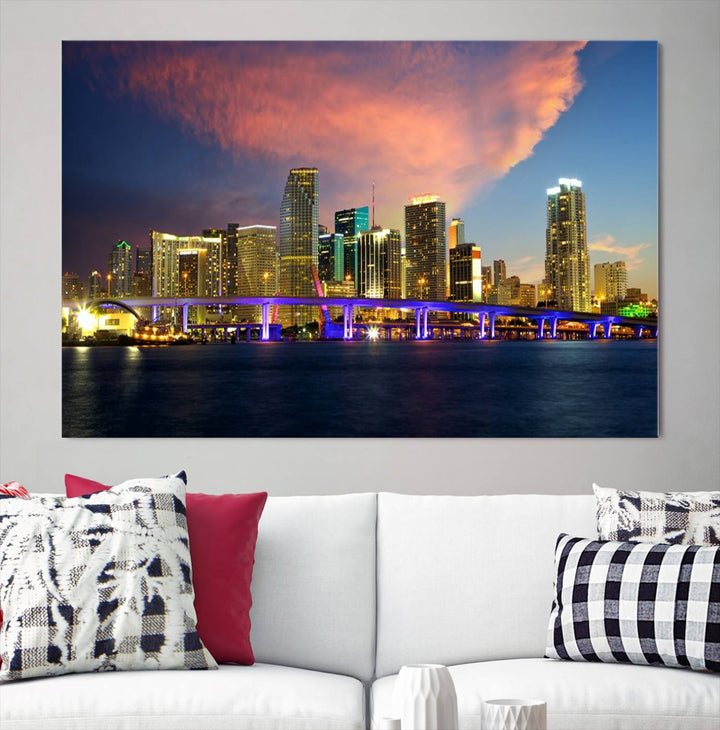 The modern living room is enhanced by the "Miami City Wall Art Canvas Print," a stunning triptych portraying a city skyline at sunset. These canvases are gallery wrapped and made from museum-quality materials, featuring a UV-protective coating to ensure lasting vibrancy.