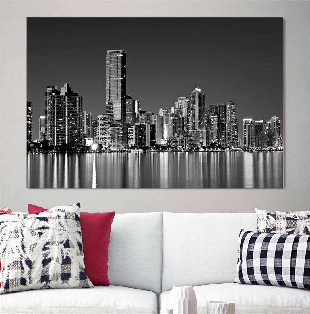 The Miami City Wall Art Canvas Print, a stunning triptych of the Miami skyline, elegantly hangs in this modern living room.