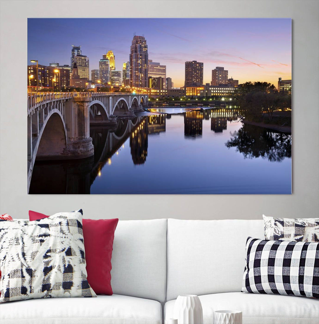 Display the Minneapolis Wall Art Canvas Print, featuring the Minnesota cityscape at dusk, on gallery-wrapped, museum-quality canvas.