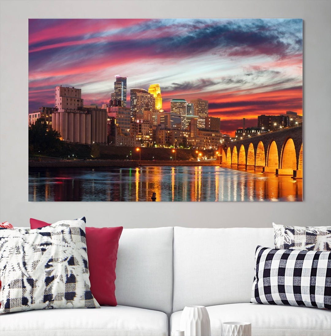 The "Minneapolis Wall Art Canvas Print, Minnesota City Wall Art Print, Minnesota Cityscapes Wall Art" features a city skyline at sunset in museum-quality canvas prints. Transform your living space into a gallery with this stunning piece and enjoy free shipping.