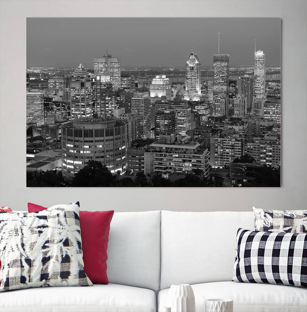 The gallery-wrapped, museum-quality canvas print features the Montreal Canada City Wall Art, showcasing a cityscape at night in black and white.