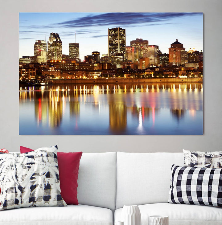 A Montreal Canada City Wall Art Canvas Print, depicting the cityscape at dusk and reflecting in calm waters, is crafted with museum-quality canvases and a UV-protective coating. This remarkable piece guarantees vibrant colors that remain stunning and ready to hang for years to come.