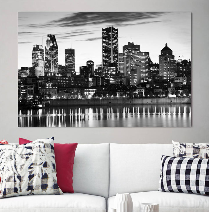 The contemporary living room features the Montreal Canada City Wall Art Canvas Print, an elegantly gallery-wrapped triptych on museum-quality canvas, prominently hung above.