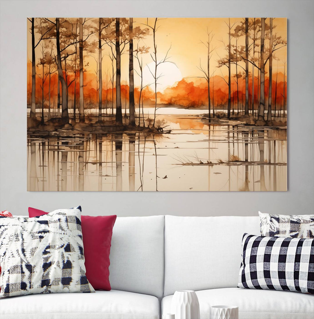 An Abstract Watercolor Trees and Sunset on Lake Wall Art Canvas Print, created on museum-quality canvas.