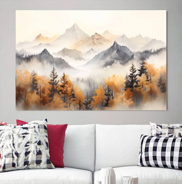 Art mural abstrait aquarelle montagnes et arbres automne