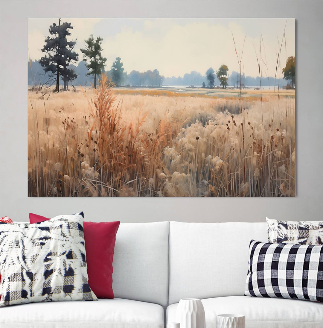 The Golden Fields Canvas Wall Art Print, a serene depiction of nature's tranquility in minimalist modern decor style, graces the wall with its calming presence.