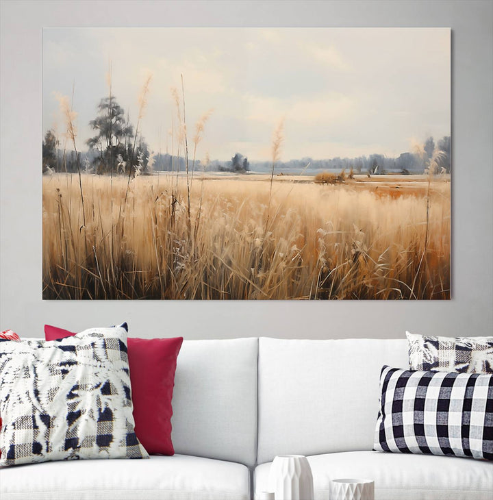 A Wildflower Field Landscape Oil Painting, showcasing a vintage art print of a serene field with tall grasses and distant trees, is beautifully presented on museum-quality canvases with gallery-wrapped edges.