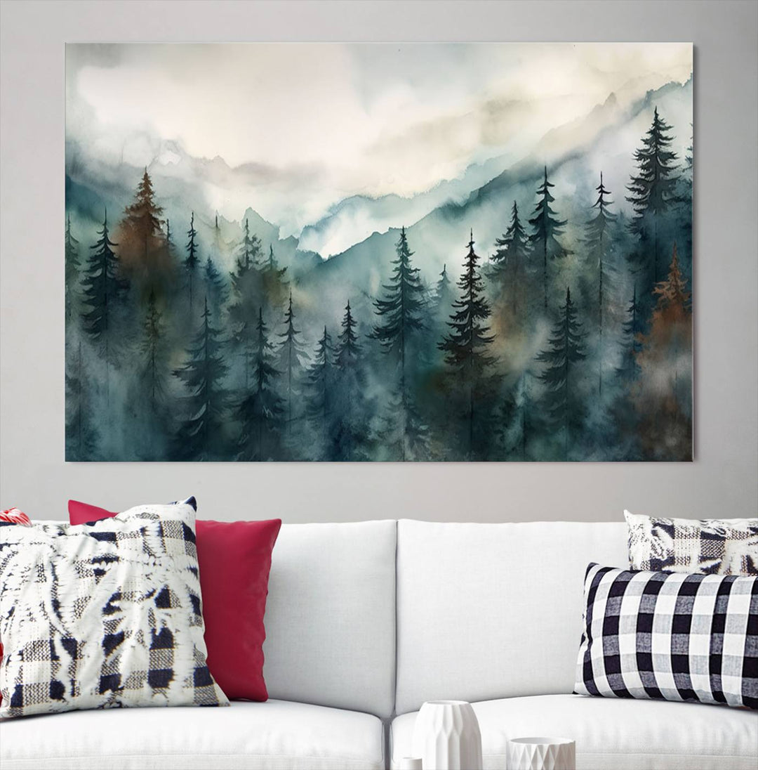 A set of Serenity Forest Wall Art Canvas prints, showcasing foggy mountain landscapes, is displayed in the living room.