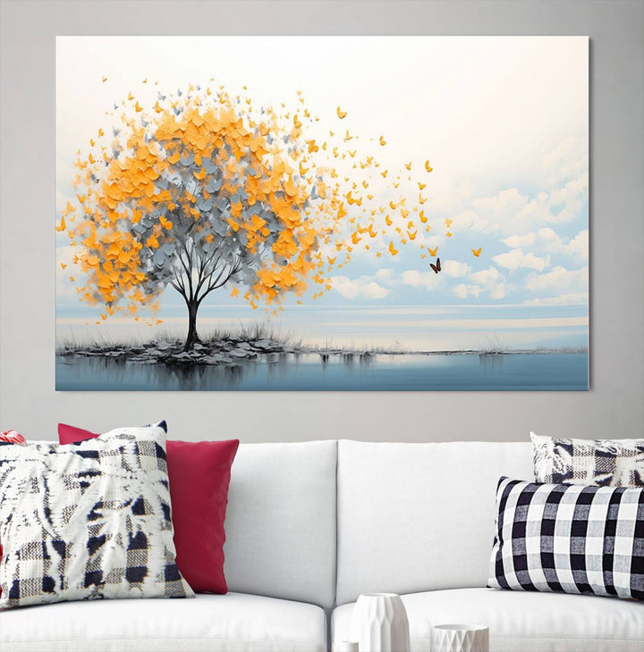 Abstract tree with yellow butterflies canvas wall art in a modern living room setting.