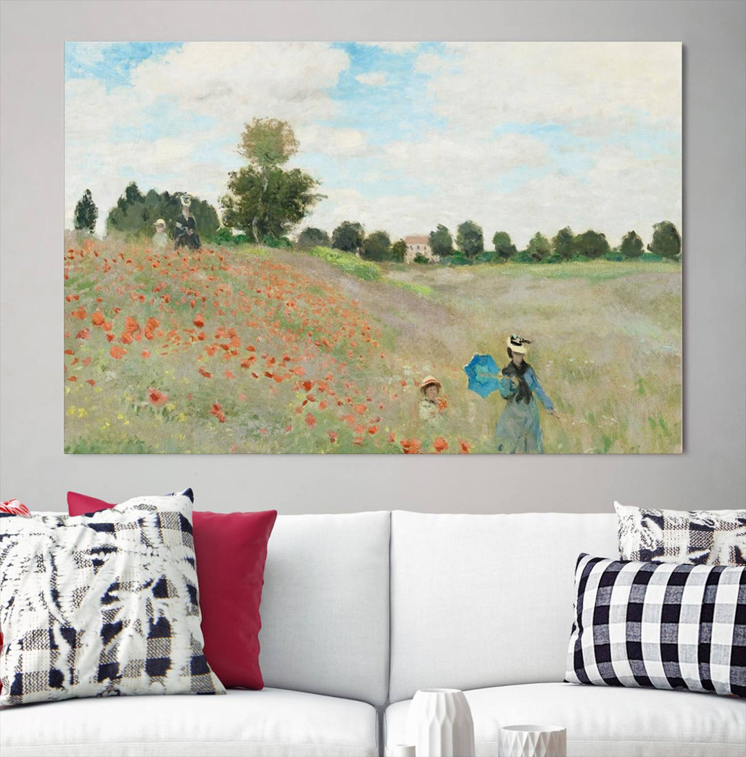 The Claude Monet The Poppy Field Canvas Print features a scene of a serene meadow with blooming flowers and a woman and child. It is printed on museum-quality canvas with UV-protective coating.