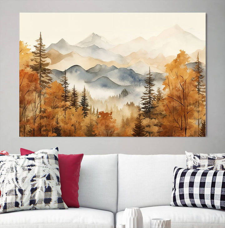 Abstract Mountain Mist Canvas Wall Art – Tranquil Autumn Forest and Misty Peaks - Ready to Hang