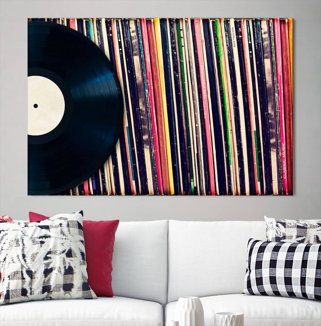 The room showcases the "Vinyl Record and Album Collection Canvas Wall Art," a perfect retro music decor piece for vintage vinyl lovers.