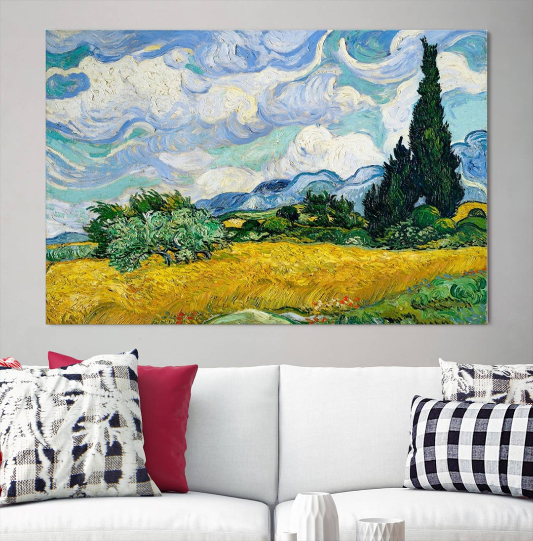 A contemporary living room features a large triptych of "Wheatfield With Cypresses By Van Gogh Painting Wall Art Canvas Print." Crafted on museum-quality canvas, this artwork brings a sense of elegance and craftsmanship reminiscent of professional artistry.