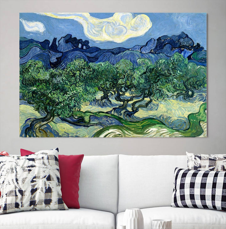 The Olive Trees Van Gogh Wall Art Canvas Print enhances the living room with its vivid landscape on museum-quality canvas, complete with a UV-protective coating.