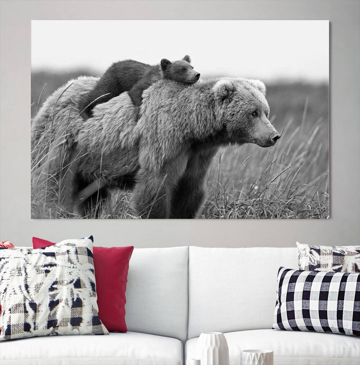 Baby Bear and Mom Bear Family Black & White Canvas Print Wall Art Canvas