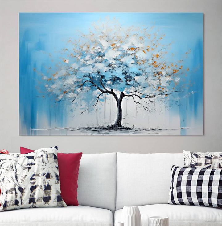 Modern living room featuring the Large Blue Abstract Tree Wall Art Canvas Printing. Enjoy the elegance with free shipping.