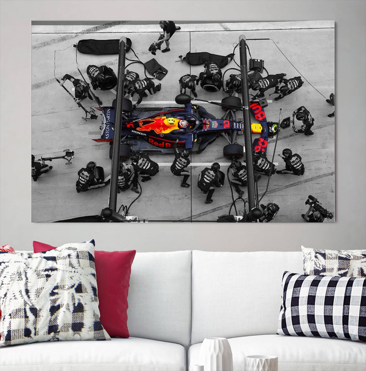 The RedBull Formula 1 Canvas Wall Art Print, a set of three gallery-quality pieces, elegantly adorns the wall.